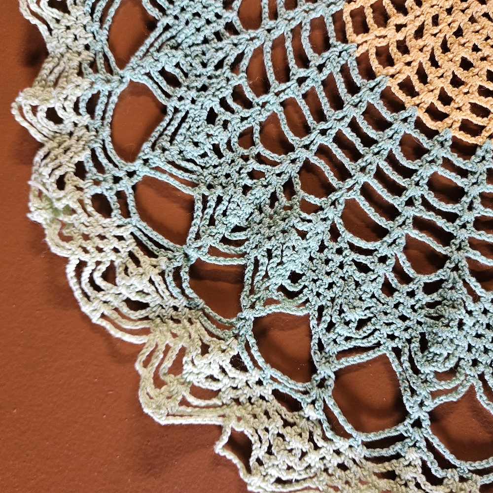 Elegant Crochet Doily in Green and Yellow Oval 18" X 16" - Picture 4 of 4
